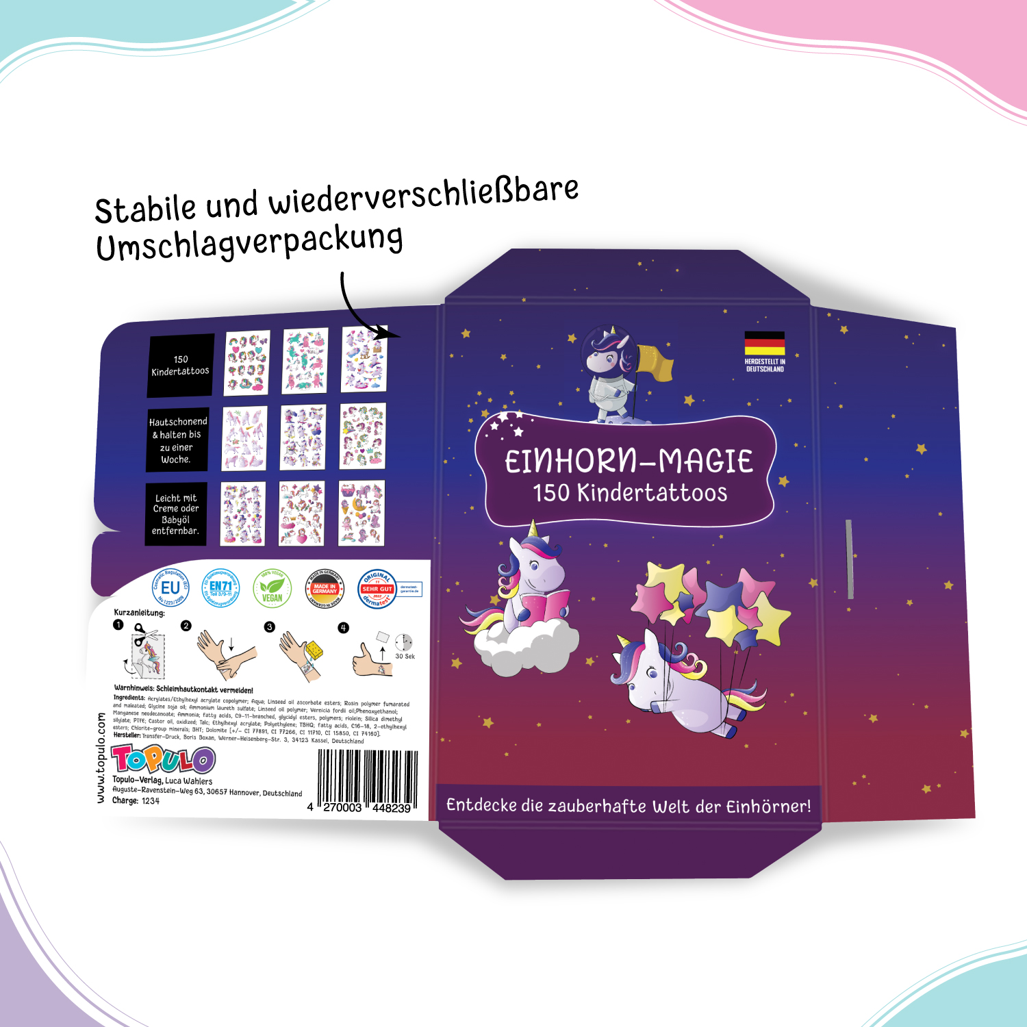 150 hautschonende Kindertattoos - Thema: Einhorn Magie - 9 Tattoobögen im A6-Format - made in Germany – Bild 6
